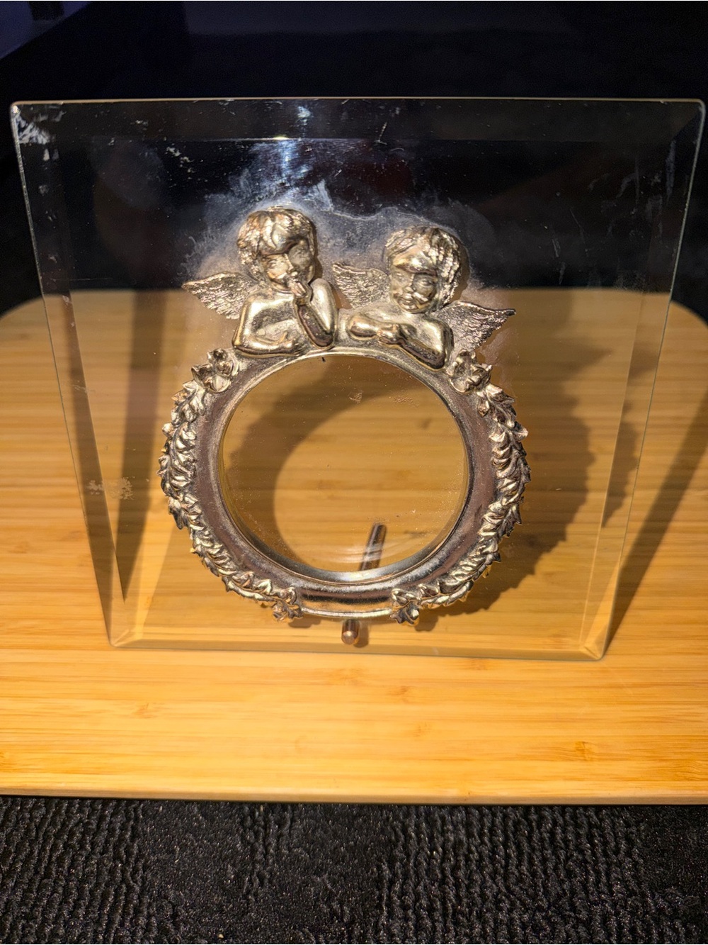Vintage Style Cherub Laurel Wreath Beveled Beveled Glass Stand